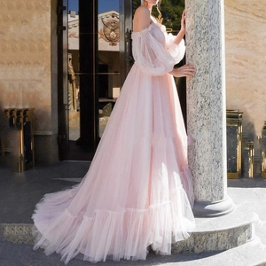 Elegant off-shoulder light pink tulle dress with long puff sleeves and tiered skirt