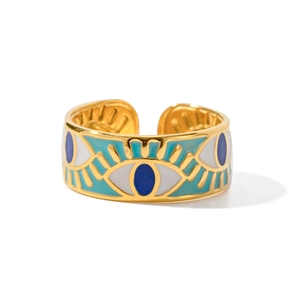 Vintage French style evil eye open ring in gold finish with blue and white enamel detail