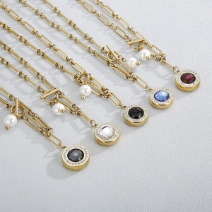 Gold stainless steel pearl necklaces with colorful rhinestone glass pendants in five shades