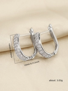 Detailed size view of silver U-shaped earrings with full zircon inlay and dimensions
