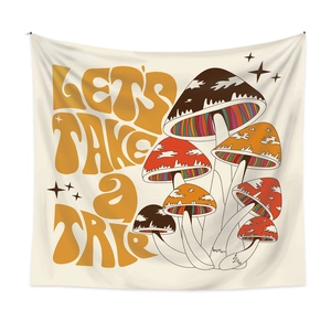 Retro mushroom wall tapestry with Let's Take a Trip text for bohemian room decoration