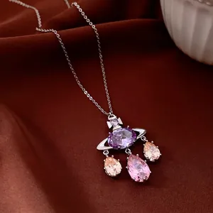 French style silver planet necklace with purple zircon and colorful teardrop charms
