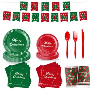Christmas party tableware set with red and green plates, cups and banners on white background
