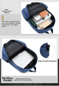 Detail view of blue canvas backpack with large capacity and laptop compartment