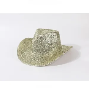 Side view detail showing the texture of a gold glitter cowboy hat for party events