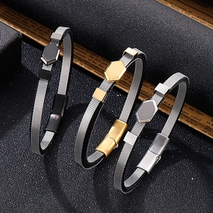 Three men's titanium mesh bracelets in black, gold, and silver finishes with hex plates