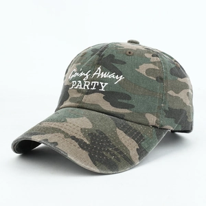Detailed view of white Going Away PARTY letter embroidery on a camouflage baseball cap