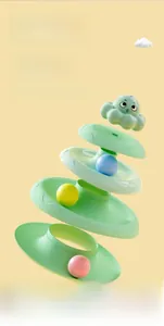 Detail of four-level cat turntable toy with colorful balls and cute octopus top