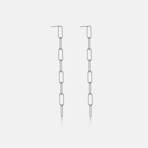 Detailed view of long S925 sterling silver chain earrings with sleek oval link design