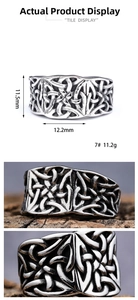 Macro detail of Celtic knot ring showing 11.5mm width and vintage silver texture