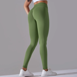 Detailed back view of high-waist seamless yoga leggings with peach butt-lift effect