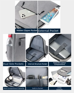 Detailed interior view showing multi-pocket storage and padded laptop compartment of the backpack