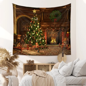 Bedroom wall decor showing a festive Christmas tapestry with a fireplace and tree scene