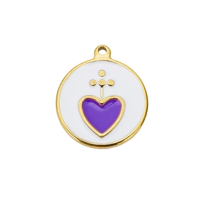 Detailed close-up of a round gold pendant with white enamel and a purple heart motif