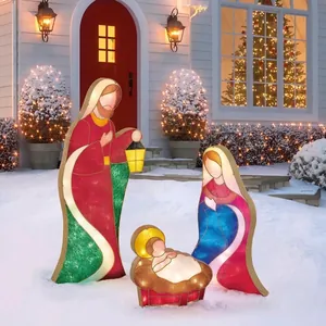 Lighted Christmas nativity holy family metal garden stakes with colorful LED lights for yard