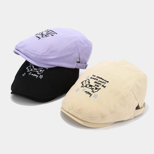 Cotton flat caps with puppy embroidery in lilac, black and beige, minimalist y2k style