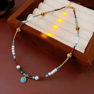 Bohemian titanium steel necklace with turquoise pendant and pearls on vintage leather