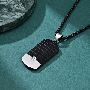 Men's silver pendant necklace featuring black crocodile texture and inlaid diamond