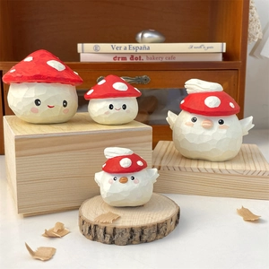 Cute hand-carved mushroom hat figurines and bird statues for desktop decoration