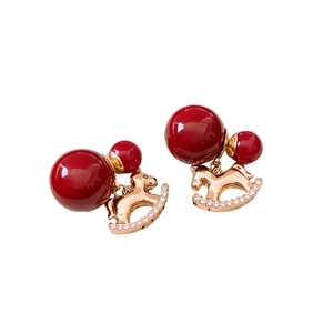 Elegant 18K gold plated rocking horse earrings with classic red double resin beads