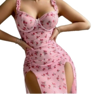 Sweet pink floral sundress with ruffles, slim fit cup design, and double high side slits