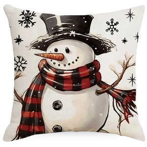 Housse de coussin de Noël en lin avec motif bonhomme de neige pour canapé en blanc et rouge