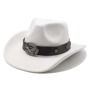 Detail of white felt cowboy hat featuring brown leather band with eagle star metal buckle