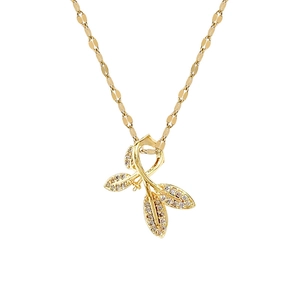 Elegant gold titanium steel leaf necklace with sparkling crystal inlay on flat chain
