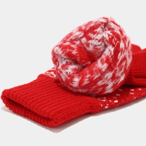 Close-up of red and white knitted winter set featuring ribbed cuffs and snowflake patterns