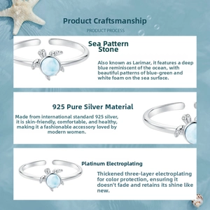 Detailed view of S925 sterling silver sea turtle ring featuring blue Larimar stone