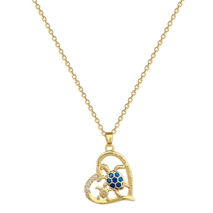 Gold heart necklace with blue turtle pendant and I LOVE YOU Mom engraving for women
