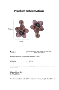 Detailed size and material specs for pink asymmetric crystal flower earrings