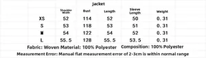 Detailed size chart and fabric composition for women's satin cropped jacket