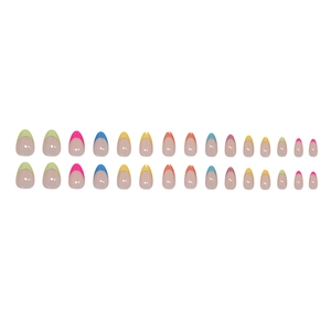 Colorful macaron French tip press-on nails with 30 pieces in varied almond shapes