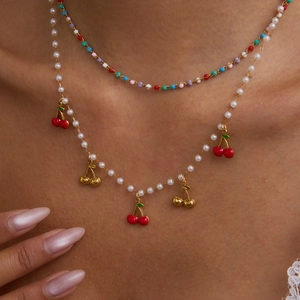 French Style Stainless Steel Artificial Pearl Cherry Necklace Red Gold Fruit Pendant Sweet Cute Clavicle Chain For Women Jewelry Gift