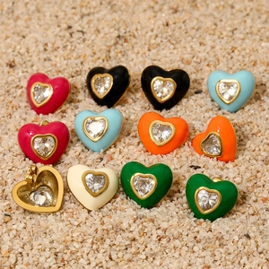 Heart Stud Earrings Stainless Steel Colorful Enamel Zircon Inlay INS Style Trendy Fashion Jewelry Women