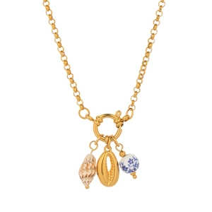 Blue and white ceramic bead conch shell pendant necklace in gold stainless steel