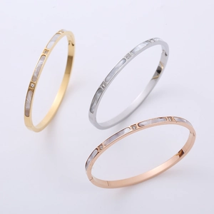 Stainless Steel Bangle Bracelet With Mother Of Artificial Pearl Shell And Zircon Minimalist Elegant Hinged Jewelry For Women