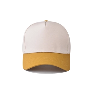 Detail view of cotton two-tone baseball cap with beige crown and mustard yellow brim