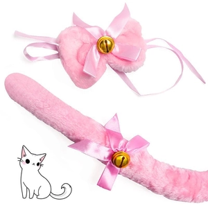 Pink plush cat ear headband and tail cosplay set with satin bows and golden bells