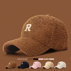 Lamb Wool Baseball Cap Letter R Embroidery Warm Teddy Fleece Adjustable Duck Tongue Hat Women Casual Winter Outdoor