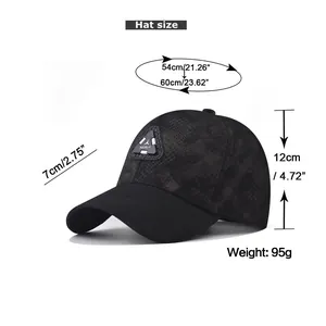 Detailed size chart for baseball cap showing circumference height and brim measurements