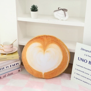 Cute coffee latte art plush pillow with heart pattern, soft round decorative sofa cushion