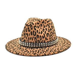 Leopard Print Fedora Hat Woolen Felt Wide Brim With Studded Band Vintage Punk Jazz Cap For Women Men