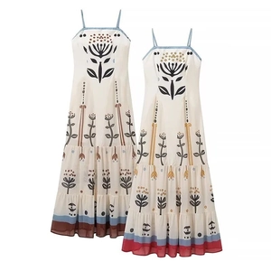 Women Bohemian Floral Mesh Maxi Dress Spaghetti Strap Tiered Hem Summer Vacation Beach Elegant Sleeveless Long Dress