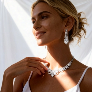 Detailed view of silver rhinestone necklace and earrings set worn by a model