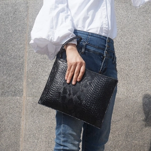 Chic black snake embossed PU leather A4 envelope clutch bag with wrist strap detail