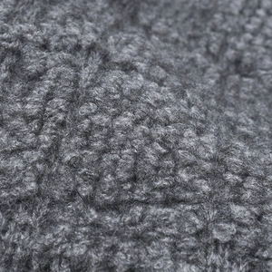Deep macro view of gray sherpa fleece fabric showing curly warm thermal fibers