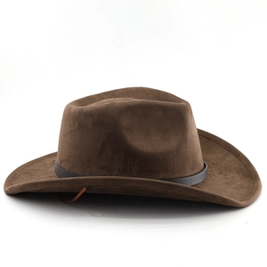 Detail of dark brown faux suede cowboy hat with leather band and precision stitching