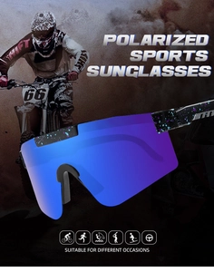 Detail of polarized sports sunglasses with blue-purple gradient lenses and splash frames